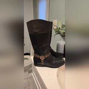 Michael Kora Black Leather Boots with Gold Accent